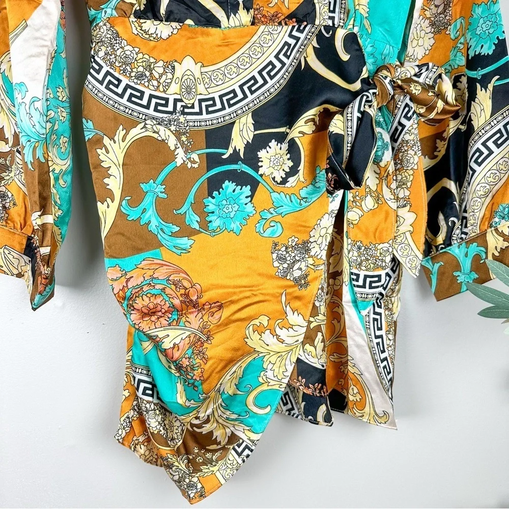 Women Baroque Print Muliti Patterned Button Down Mini Wrap Tied Stain Dress
